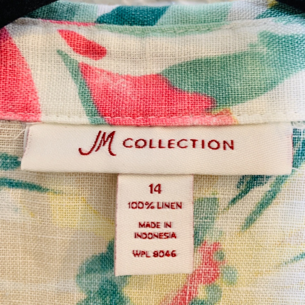 JM Collection Button Up Linen Shirt Size 14 Floral Bell Sleeve Tropical Vacation - Picture 3 of 13